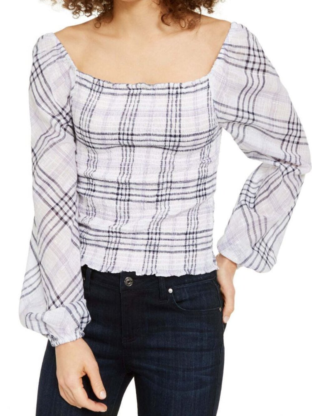 INC International Concepts Womens Petite Metallic Plaid Smocked Top
